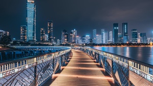 Shenzhen, Wooden pier, Shenzhen Bay, Cityscape, Skyline, Waterfront, Port, City lights, 4K wallpaper