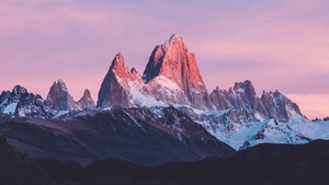 Mount Fitz Roy, Argentina, Sunrise, Alpenglow, Pink sky, Snow covered, Landscape, Mountain Peak, 4K wallpaper