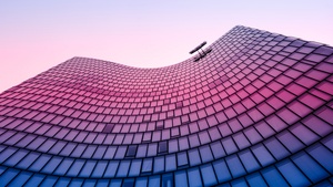 Modern architecture, High rise building, Looking up at Sky, Glass building, Vibrant, Pattern, 4K wallpaper