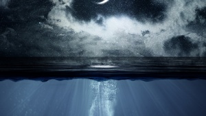 Underwater, Crescent Moon, Ocean Waves, Horizon, Illustration, Photo Manipulation, Deep, Cloudy Sky, 4K wallpaper