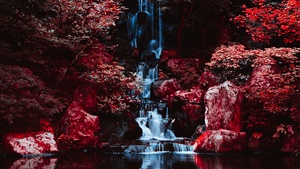 Portland Japanese Gardens, Infrared Photography, Waterfalls, Peaceful, Landscape, Scenery, Dark red, 4K wallpaper