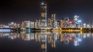 Shenzhen Bay, Hong Kong, City Skyline, Skyscrapers, Night time, Cityscape, City lights, Body of Water, Reflection, 4K wallpaper