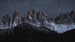 Mountain range, Starry sky, Glacier mountains, Mountain Peaks, Dolomites, Italy, Landscape, Night time, 4K wallpaper