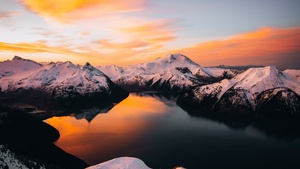 Canada, Sunset, Mountain range, Snow covered, Reflection, 4K wallpaper
