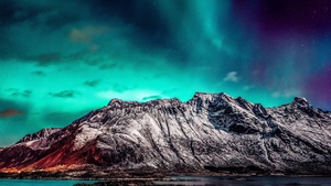 Aurora Borealis, Starry sky, Glacier mountains, Snow covered, Landscape, Scenery, 4K wallpaper