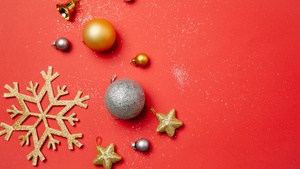 Stars, Snowflake, Red background, Decor, Shiny, Navidad, Noel, December, 4K wallpaper