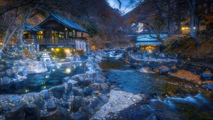 Hot Spring, Autumn, Dusk, Illuminated, Traditional, Outdoor, Japan, 4K wallpaper