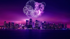 Chicago, New Year celebrations, Aesthetic, Purple, Sunset, Night, Cityscape, New Years Eve, Fireworks, Illinois, 4K wallpaper