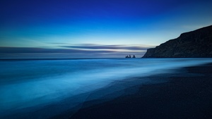 Iceland, Beach, Sunset, Dusk, Long exposure, Horizon, Cliff, Blue Sky, Landscape, 4K wallpaper