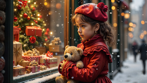 Cute Girl, Christmas Eve, Christmas decoration, Christmas gifts, Snowfall, Bokeh Background, December, 4K wallpaper