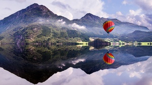 Hot air balloon, Mountain View, Lakeside, Reflection, Body of Water, Landscape, Scenery, 4K wallpaper