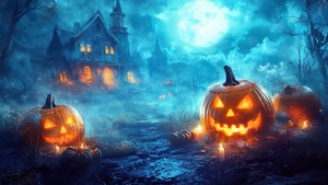 Haunted house, Halloween night, Halloween pumpkins, AI art, 4K wallpaper
