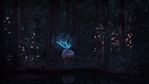 Stag, Deer, Forest Trees, Surreal, Dark background, Digital Art, Dark aesthetic, 4K wallpaper