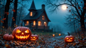 Haunted house, Halloween pumpkins, Halloween night, Jack-o-lantern, 4K wallpaper
