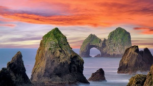 Rock formations, Pacific coast, Coastline, Oregon, USA, Rocks, Ocean, Sunrise, 4K wallpaper