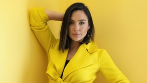 Gal Gadot, Actress, Portrait, Yellow background, 2021, 4K wallpaper
