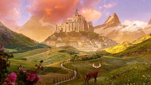 Ancient architecture, Landscape, Aesthetic, Deer, Surreal, Stars, Clouds, 4K wallpaper