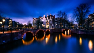Amsterdam, Netherlands, Cityscape, Night time, Reflection, Blue Sky, 4K wallpaper