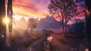 Deer, Lavender fields, Sunset, Landscape, Surreal, Aesthetic, 4K wallpaper