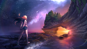 Anime girl, Beach, Arch, Sunset, Digital Art, Star Trails, Scenic, 4K wallpaper