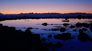 Sunset, Dusk, Body of Water, Rocks, Reflection, Seascape, Clouds, 4K wallpaper