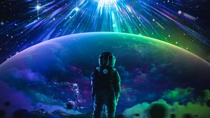 Astronaut, Wanderer, Space suit, Stars, Planet, Surreal, Cosmos, Universe, 4K wallpaper