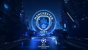 Manchester City FC, Futuristic, Neon logo, UEFA Champions League, Blue aesthetic, Football club, 4K wallpaper
