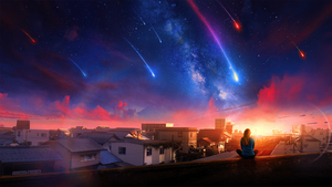 Alone, Woman, Girl, Falling stars, Town, House, Milky Way, Dream, Surreal, Sunset, Calm, Shooting stars, Celestial, 4K wallpaper