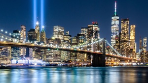 Spotlight, Night time, Cityscape, Bridge, City lights, 4K wallpaper
