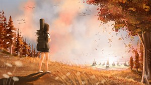 Autumn, Girl, Alone, Dream, Surreal, Digital paint, Sunset, 4K wallpaper