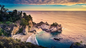 Big Sur, Rocks, California, USA, Scenery, Seascape, Beach, Serene, Evening, Ocean, Horizon, Trees, Scenic, 4K wallpaper