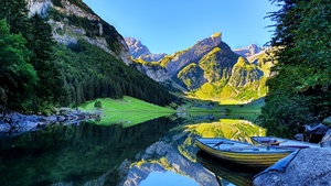 Seealpsee lake, Switzerland, Rowing boat, Mirror Lake, Mountain Peak, Reflection, Blue Sky, Lakeside, Landscape, Scenery, Early Morning, 4K wallpaper