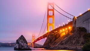 Golden Gate Bridge, San Francisco, Sunset, Lights, California, Pink sky, Foggy, 4K wallpaper