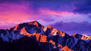 macOS Sierra, Glacier mountains, Snow covered, Alpenglow, Cloudy Sky, Sunlight, Dusk, Landscape, Scenery, 4K wallpaper