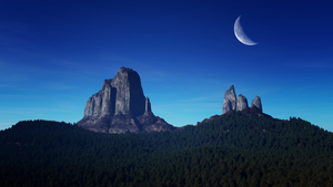 Mountain Peaks, Crescent Moon, Night time, Blue Sky, Landscape, Forest, 4K wallpaper