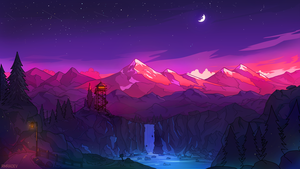 Glacier mountains, Waterfall, Moon, Night time, Starry sky, Snow covered, Digital Art, Purple, Landscape, Scenery, 4K wallpaper