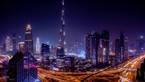 Burj Khalifa, Dubai City Skyline, Skyscrapers, Cityscape, Night time, City lights, Highway junction, 4K wallpaper