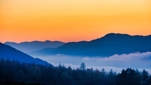Silhouette Mountain, Sunset, Orange sky, Foggy, Dusk, Landscape, 4K wallpaper