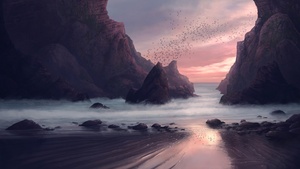 Beach, Digital Art, Rocks, Sunset, Birds, Long exposure, Landscape, Seaside, Scenery, 4K wallpaper