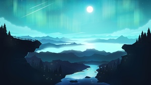 Aurora Borealis, Moon, River, Digital Art, Mountains, Star Trails, Landscape, Scenery, 4K wallpaper