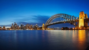 Sydney Harbour Bridge, Opera House, Australia, Cityscape, Night time, Body of Water, Skyline, Reflection, Blue Sky, Panorama, Long exposure, Ultrawide, 4K wallpaper