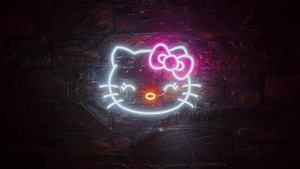 Hello Kitty, Neon sign, Cute cartoon, Glowing, Dark background, Night, Neon, Aesthetic, Dark aesthetic, 4K wallpaper