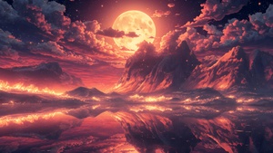 Volcanic, Moon, Burning Sky, Ethereal, Dreamlike, Apocalyptic, Celestial, Landscape, Digital Art, 4K wallpaper