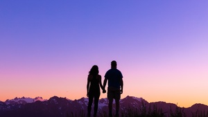 Couple, Outdoor, Silhouette, Romantic, Together, Lovers, Hands together, Sunrise, Glacier mountains, Clear sky, 4K wallpaper
