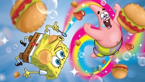 SpongeBob SquarePants, Rainbow, Bubbles, Patrick Star, Cartoon, Funny, Floating, 4K wallpaper