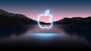 Apple logo, Glowing, Reflection, Lake, Mountains, Sunset, Dark, Landscape, Apple Event 2021, 4K wallpaper