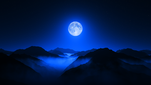 Twilight Moon, Valley, Mountain range, Night sky, Foggy, Silhouette, Aerial view, 4K wallpaper