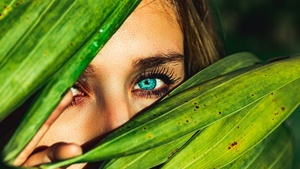 Blue eyes, Green leaves, Woman face, Macro, Peek, 4K wallpaper