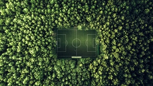 Soccer field, Aerial view, Green aesthetic, Green Forest, Stadium, Wilderness, Minimalist, Symmetry, Drone photo, 4K wallpaper