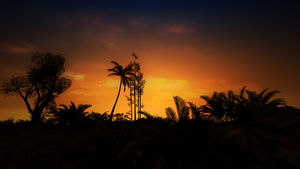 Countryside, Sunset, Silhouette, Evening, Trees, Orange sky, Landscape, Scenery, 4K wallpaper
